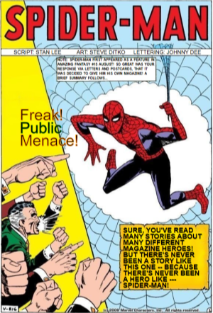 Spider-man sticking to a wall with a menacing crowd below yelling and shouting at him, calling him a Freak and Public Menace.