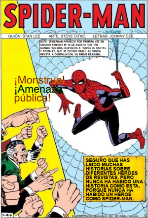 Spider-man sticking to a wall with a menacing crowd below yelling and shouting at him, calling him a Freak and Public Menace.